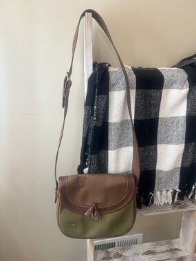 Etienne Aigner Olive and Brown Leather-Trim Crossbody Saddle Bag